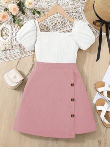 青少女純色泡泡袖上衣和裙子套裝 - 粉色 - 查看 3
