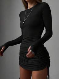 Women's Sexy Ruched Long Sleeve Bodycon Mini Dress With Drawstring For Elegant Date Night,Black Dresses For Women