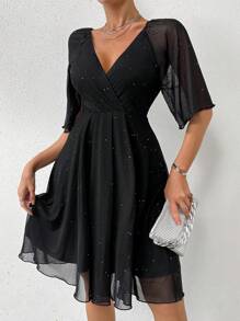 RosyDaze Mesh Wrap Dress With Flared Sleeves And Cinched Waist - Black - View 2