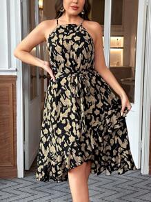 SHEIN Clasi Plus Size Halterneck Printed Dress - Brown - View 5