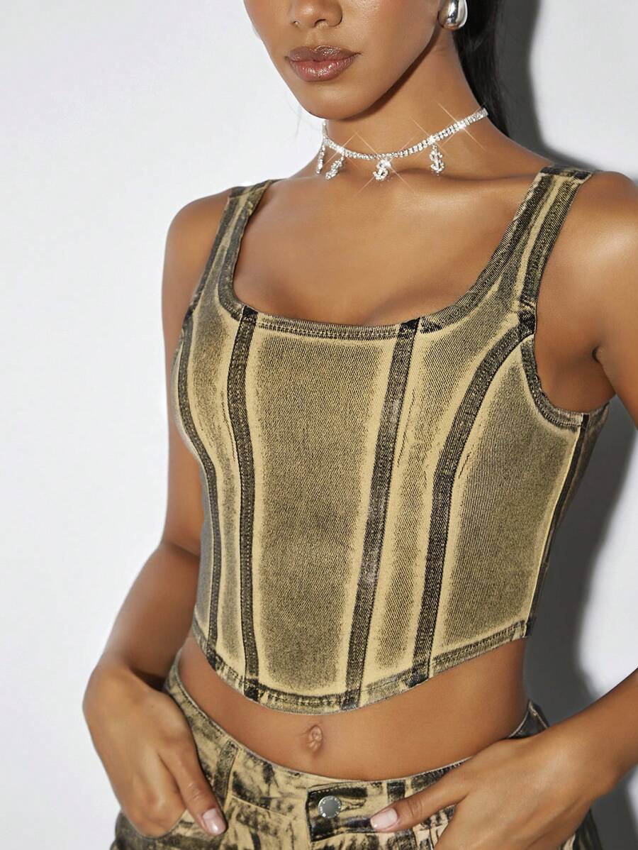 SHEIN BAE Metallic Asymmetric Sexy Women's Denim Top With Corset Waist And Grunge Style Design - Khaki - View 1