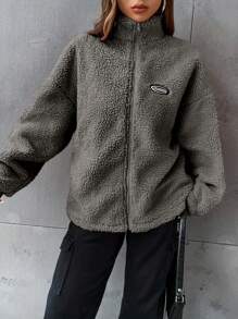 SHEIN EZwear 秋冬字母贴片落肩泰迪熊夹克