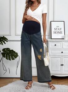SHEIN Maternity Ripped Adjustable Waist Denim Trousers Jeans - Dark Wash - View 4