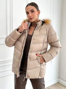 EURMUSE 毛茸邊連帽拉鏈開襟麵包服