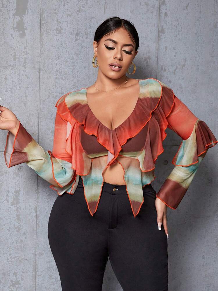 Plus Size Women'S Tie Dye Ruffle Cropped Top