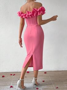 SHEIN Privé Vestido Con Detalle De Hombro Descubierto Y Volante, Con Abertura En La Espalda - Rosa - Ver 2