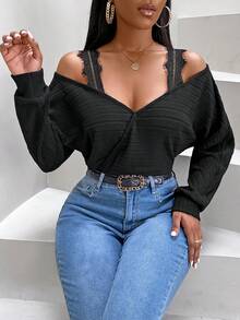 SHEIN Slayr 女款露肩羅紋長袖 T 卹 - 黑色 - 查看 5