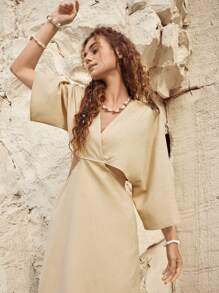 Bohemela Women's Solid Color Batwing Sleeve Waist Hollow Dress