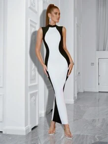 Của phụ nữ Không tay Khối màu Cao đến đùi Khe Băng bó Đầm Party - trắng - Xem 3