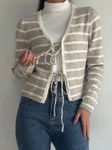 鬆身顏色分塊條紋系帶前女士針織外套 - 駝色 - 查看 3