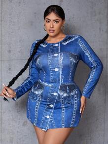 SHEIN SXY Plus Size Denim Effect Print Two Piece Set - Blue - View 4