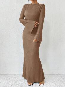 Chiquease Trumpet Sleeves & Fish Tail Hem Dress Maxi Women Outfit Fall Cloth For Women - Khaki - View 4