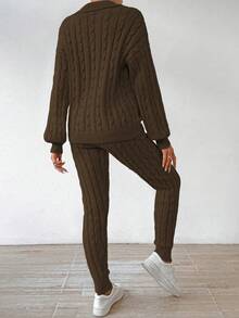 SHEIN Essnce Màu thuần Áo len Hai chiếc Bộ - Màu Khaki - Xem 2