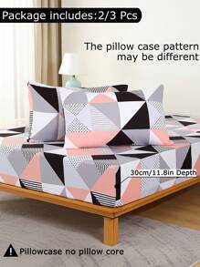3 件套床笠套装，90 克超细纤维，几何图案，1 件床笠 + 2 个枕套 - 粉色 - 查看 4
