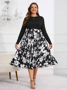 SHEIN Clasi Plus Size Floral Print Long Sleeve Dress - Black and White - View 1