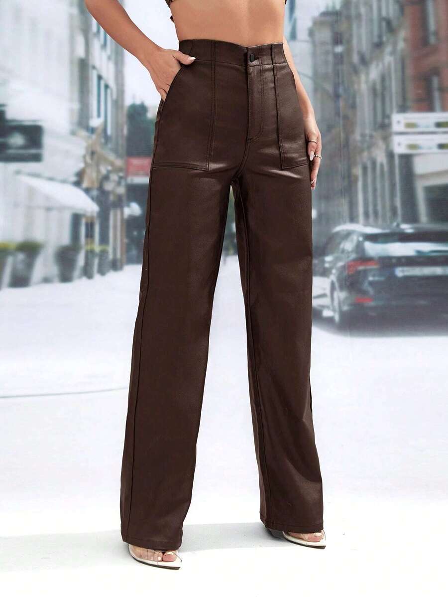 Jeanoix Quần ống đứng màu trơn thường ngày cho nữ, mùa thu - Màu nâu Sô-cô-la - Xem 1