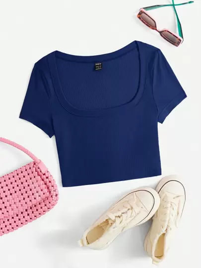 SHEIN EZwear 純色羅紋針織t卹