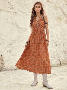 Bohemela Vestido Con Cuello Halter Y Estampado Integral Para Mujer - Naranja - Ver 7