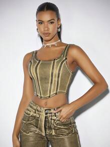 SHEIN BAE Metallic Asymmetric Sexy Women's Denim Top With Corset Waist And Grunge Style Design - Khaki - View 4
