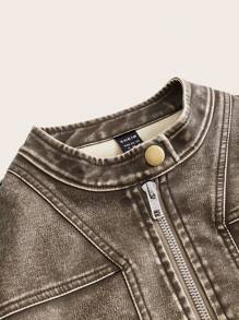 SHEIN ICON Women's Zippered Cropped Fall Clothes Women Jacket,Ladies Late Fall Casual Zipper Regular Sleeve Stand Collar Regular Fit Coffee Brown Plain Women Jackets,Casual Daily Wear