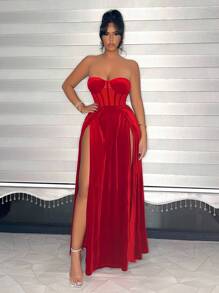 SHEIN SXY Đầm dài lưới quây không dây gợi cảm cho nữ với chi tiết tuyệt đẹp - Đỏ - Xem 1