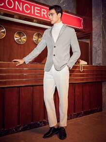 AKNOTIC Business Casual Men's Notched Collar Single Breasted Woven Blazer Jacket - Grey - View 6