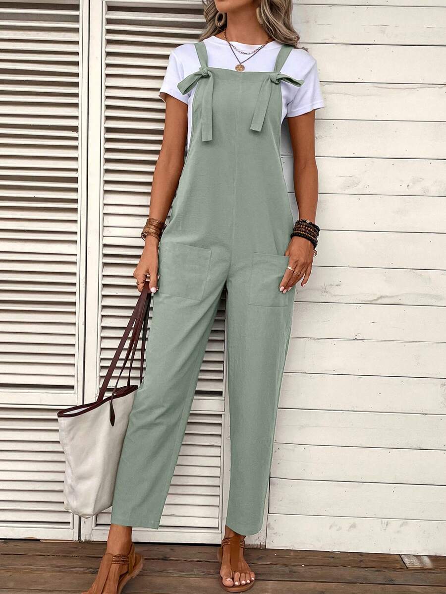SHEIN Clasi Mono De Color Liso Con Bolsillos Dobles - Verde Oliva - Ver 1
