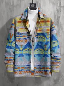 Manfinity Homme Men'S Geometric Pattern Flap Pocket Shacket - Multicolor - View 1