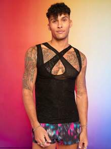 FeverCity 男式网眼撞色蕾丝上衣 - 黑色 - 查看 1