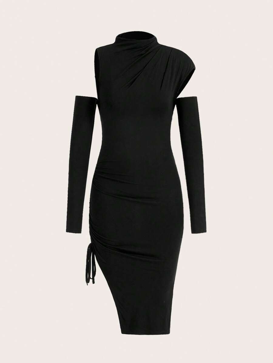 SHEINNeu Slim Fit Cut Out Drawstring Side Detailing Dress - Black - View 1
