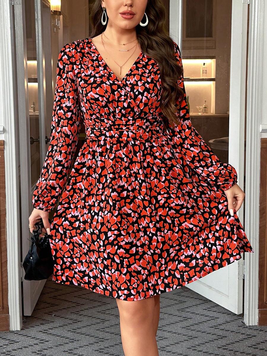 SHEIN Clasi Kích thước lớn Love Tim In Tay áo lồng đèn Đầm - Nhiều màu - Xem 1