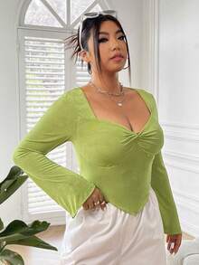 CovetEZ 大码女式不对称下摆冰丝修身 T 恤 - 綠色 - 查看 5