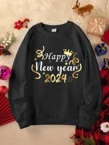 SHEIN LUNE 大码女式新年快乐图案圆领套头卫衣 - 黑色 - 查看 1