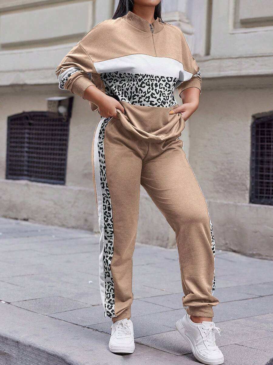 EURMUSE Women's Plus Size Leopard Print Long-Sleeved Two-Piece Set - Camel - View 1