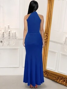 女修身優雅掛脖晚禮服 - 寶藍色 - 查看 2