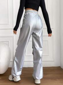 RueChic Women'S Elastic Waist Drawstring Parachute Pants - Silver - View 2