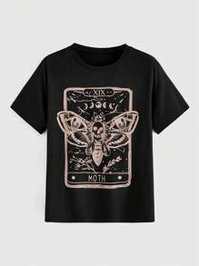 ROMWE Goth 大码女式宽松蛾与骷髅圆领短袖休闲 T 恤 - 黑色 - 查看 1