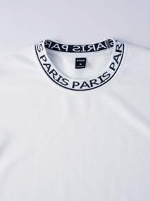 Manfinity Homme Áo nỉ trễ vai nam có họa tiết chữ dệt trang trí bằng băng dính cổ tròn tay dài thường ngày, dành tặng bạn bè, chồng, bạn trai, cho mùa thu - trắng - Xem 4