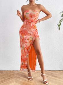 SHEIN Privé 女款花卉印花荷葉邊無肩帶洋裝 - 亮橙色 - 查看 2