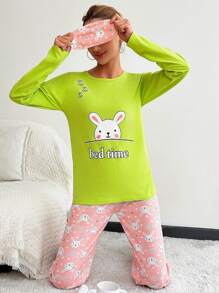 RueChic Cartoon & Letter Print Pajamas Set - Green - View 1