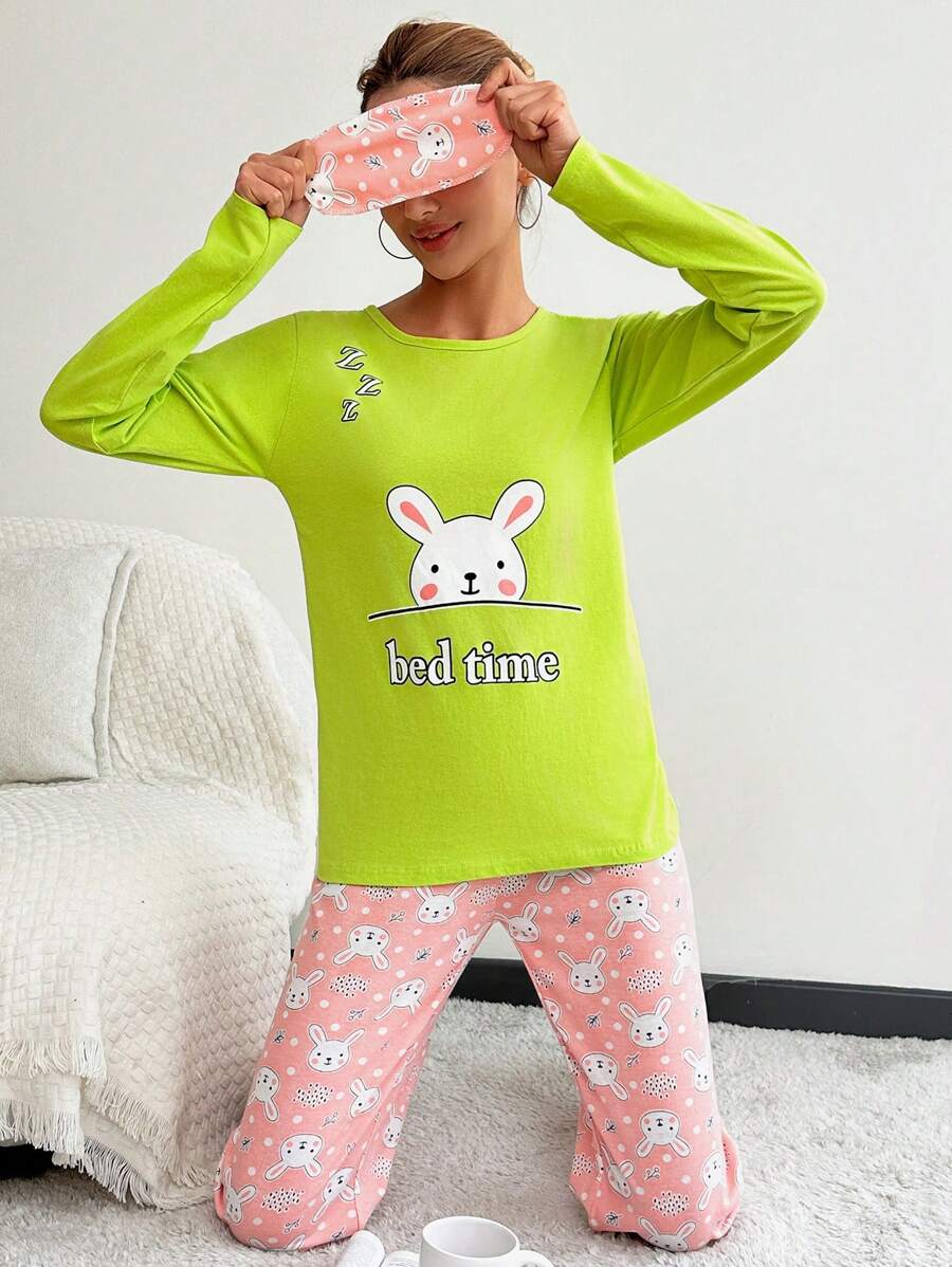 RueChic Cartoon & Letter Print Pajamas Set - Green - View 1