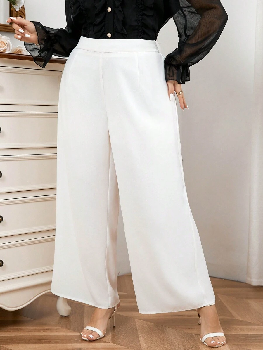 SHEIN Privé 女裝大尺碼優雅簡約白色寬腿褲,完美適用於婚禮季節 - 白色 - 查看 1