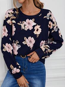 SHEIN LUNE Women's Floral Print Crew Neck Sweatshirt - Navy Blue - View 1