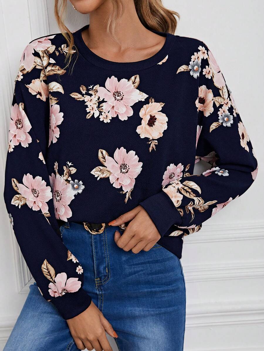 SHEIN LUNE Women's Floral Print Crew Neck Sweatshirt - Navy Blue - View 1