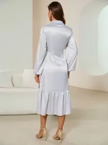 GENKIRA 純色緞面燈籠袖連身裙 - 銀色 - 查看 2