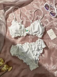 Swim Mod Summer Beach Ruffled Trim Bikini Set - White - View 1