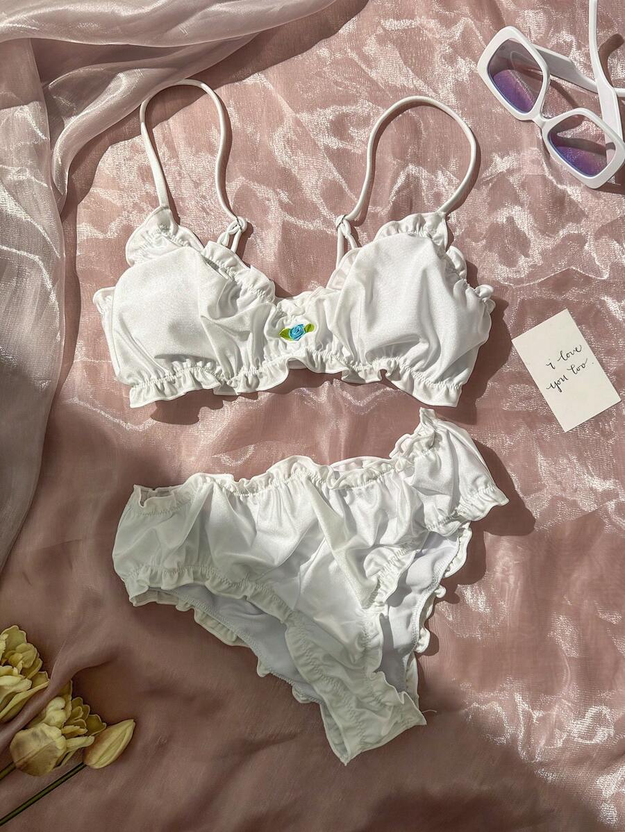 Swim Mod Summer Beach Ruffled Trim Bikini Set - White - View 1
