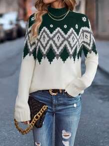 SHEIN LUNE Women's Contrast Geometric Stand Collar Knit Pullover Fall Winter Sweater - Dusty Blue - View 3