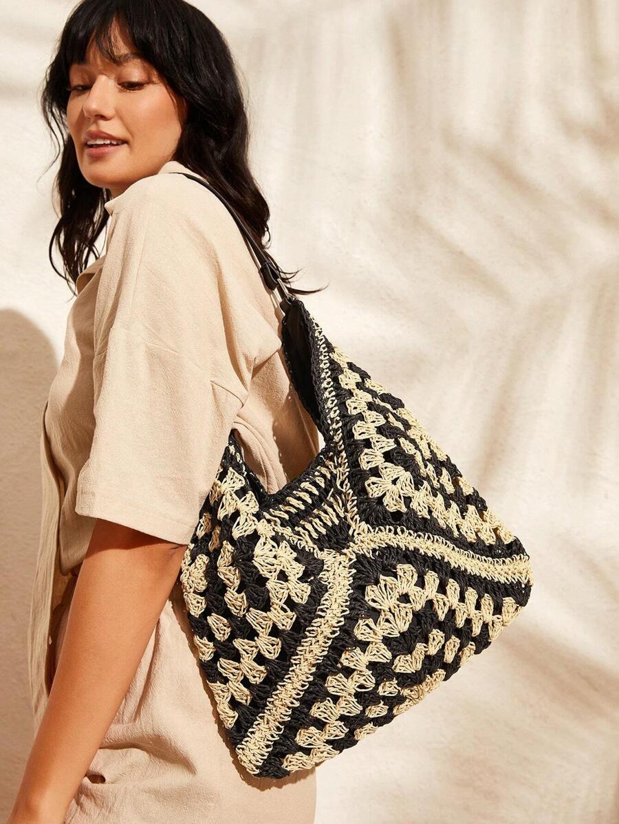SHEIN VCAY 手工編織對比幾何圖案肩背袋,草編袋,夏季海灘旅行度假的完美選擇,適用於戶外和假期 - 彩色 - 查看 1