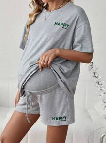 SHEIN 孕婦字母刺繡下垂肩t恤和可調腰圍短褲套裝